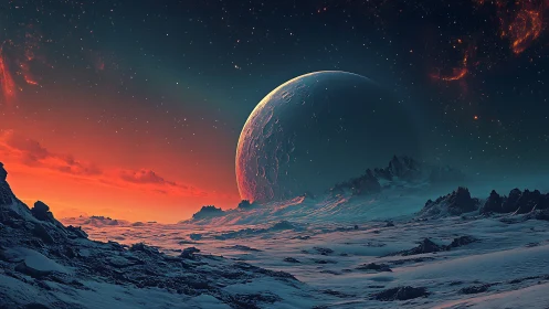 Icy exoplanet horizon with rising cratered moon and nebula glow.