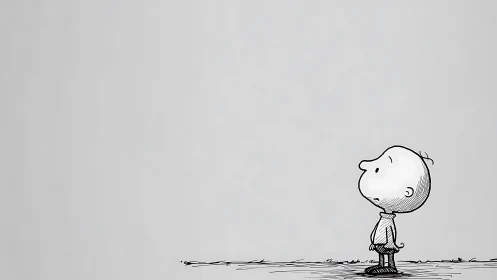 Minimalist ink cartoon boy isolated against expansive negative space