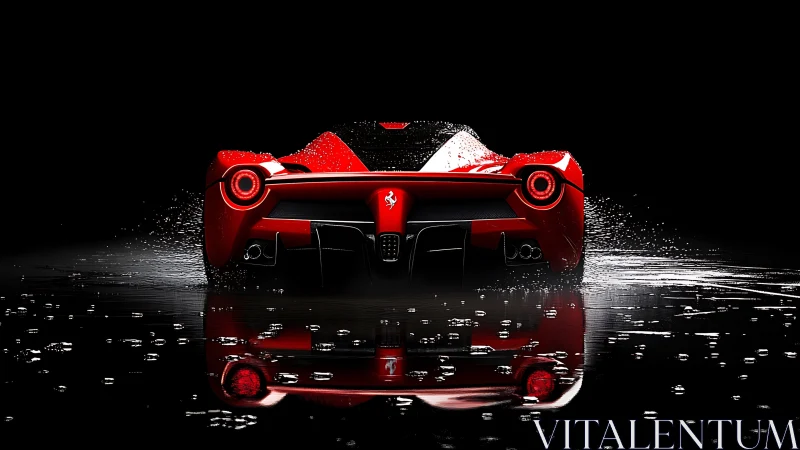 Red sports car rear view with water splash and reflection.