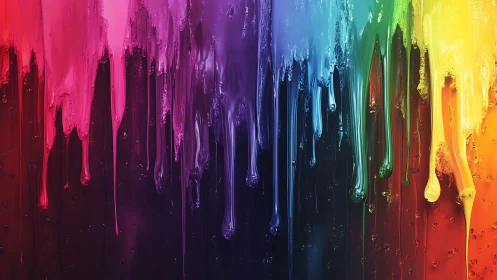 Vertical drips of bright multicolored paint run down canvas