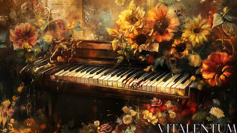 Digital painting of overgrown floral piano in golden light.