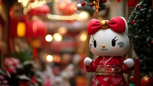 Festive kitty in red kimono brightens a lantern street.