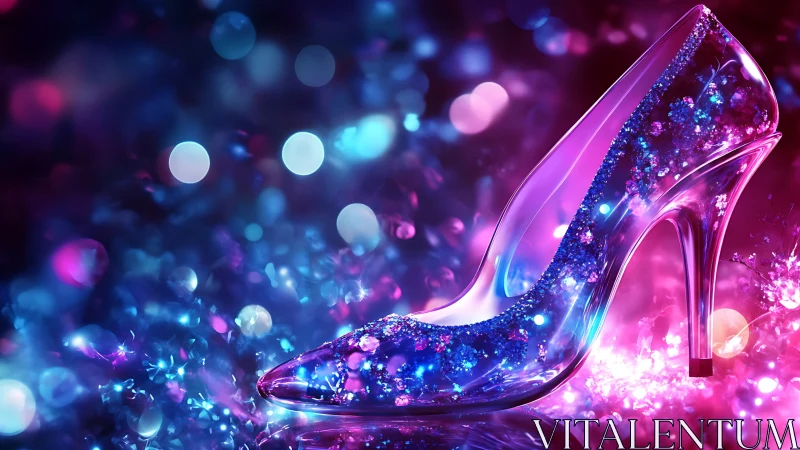 Transparent high heel shoe rendered with glowing glitter