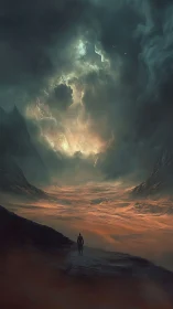 Solitary figure crosses storm-lit alien valley under vortex sky