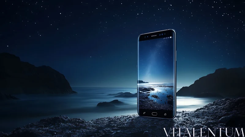 Smartphone stands upright over rocky shoreline at night