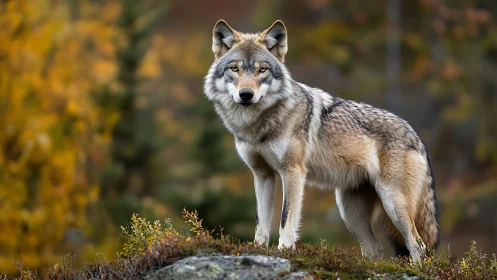 Solitary grey wolf standing on rock in autumn forest setting.