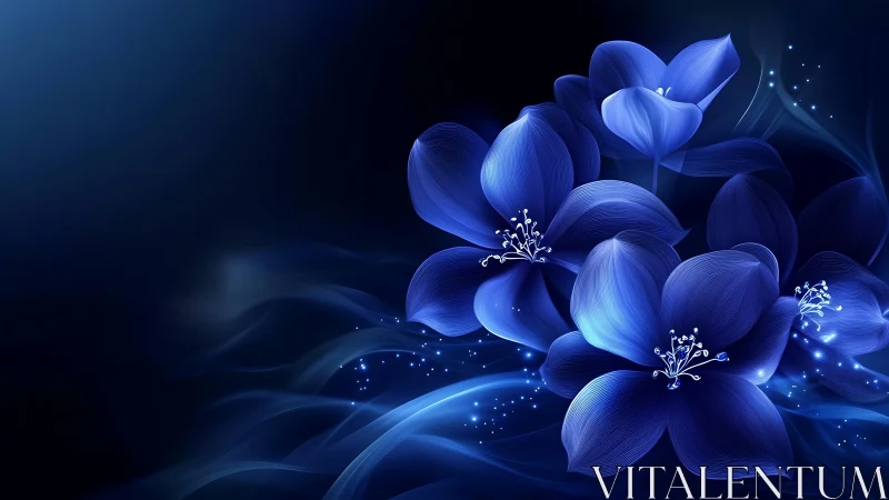 Luminous Blue Floral Composition with Ethereal Particle Effects.