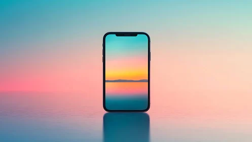 Smartphone displaying sunset landscape with gradient sky.