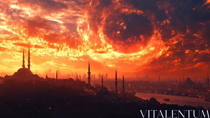 City skyline with minarets under swirling fiery sky portal.