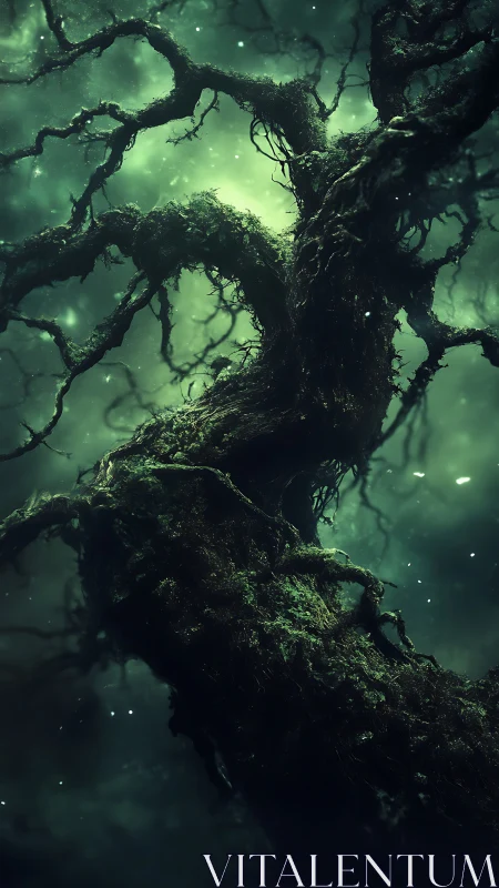 Twisted moss-covered tree trunk in foggy green atmosphere.
