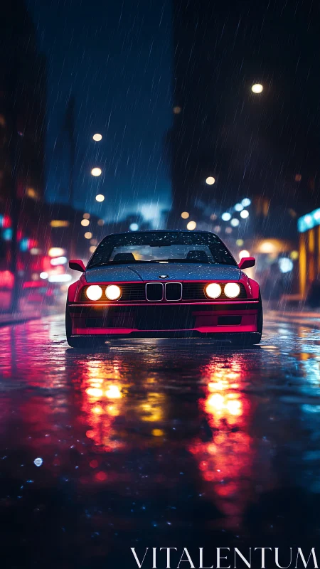 Neon city rain welcomes a classic red car with glowing lights