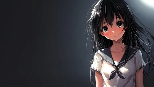 Softly lit anime schoolgirl stands in quiet, moody darkness.