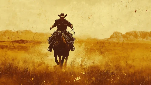 Dust‑crowned cowboy thundering across a painted frontier.
