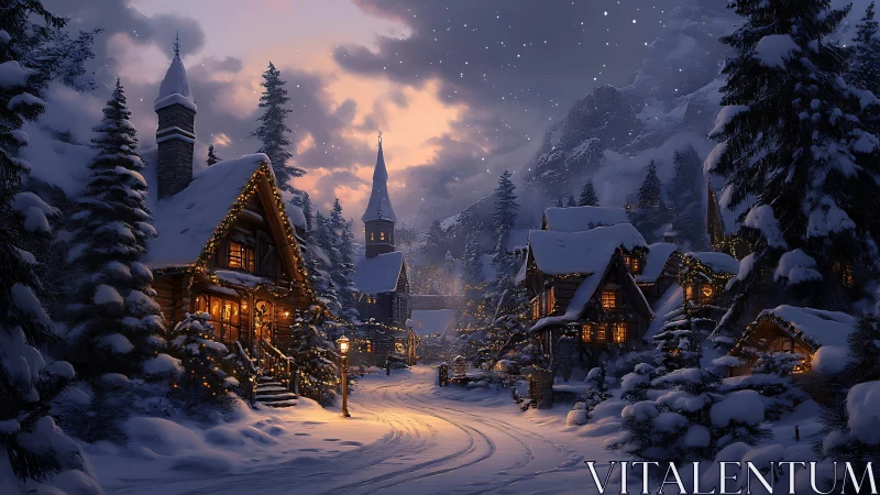 Snow covered village street curves between lit wooden cabins