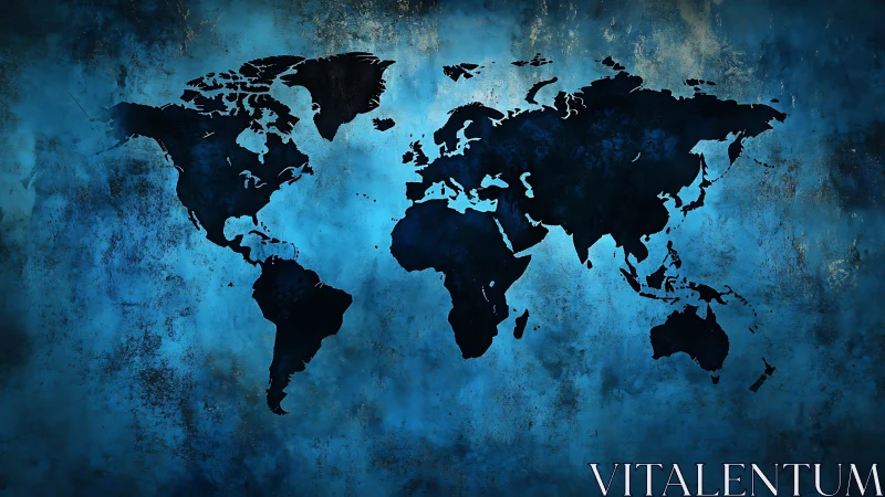 Dark world map silhouette contrasts textured blue background