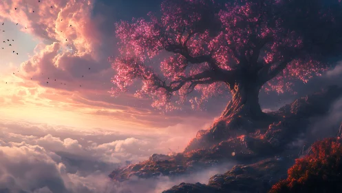 Twilight blossom titan guarding a cloud-swept mountaintop.