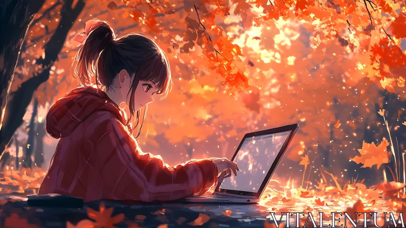 Teen girl using laptop outdoors under autumn foliage.