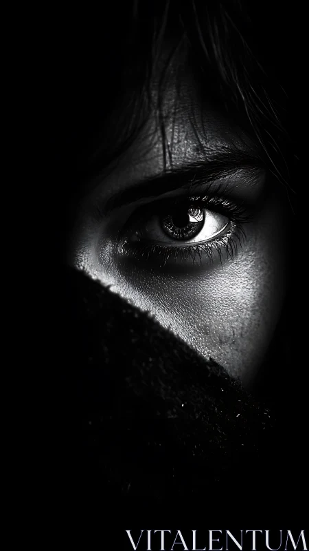 Monochrome macro portrait isolating a single dramatic eye.