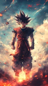 Fiery anime warrior rises through storm-lit battle sky