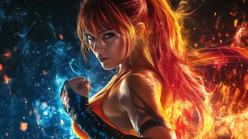 Blazing martial heroine punching through fire and frost worlds.