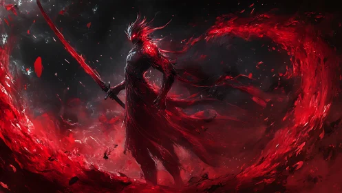 Sword-wielding red specter stands amid swirling red energy