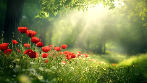 Red Poppies Dancing in Sunlit Garden Meadow.