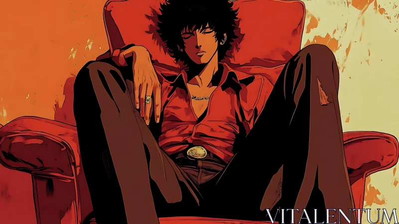 Relaxed man in red armchair framed by bold orange tones