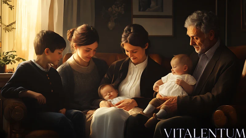 Three generations share tender moment in warm window light