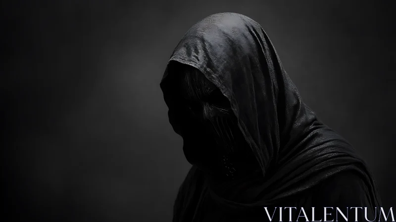 Hooded dark figure stands in low key side lighting