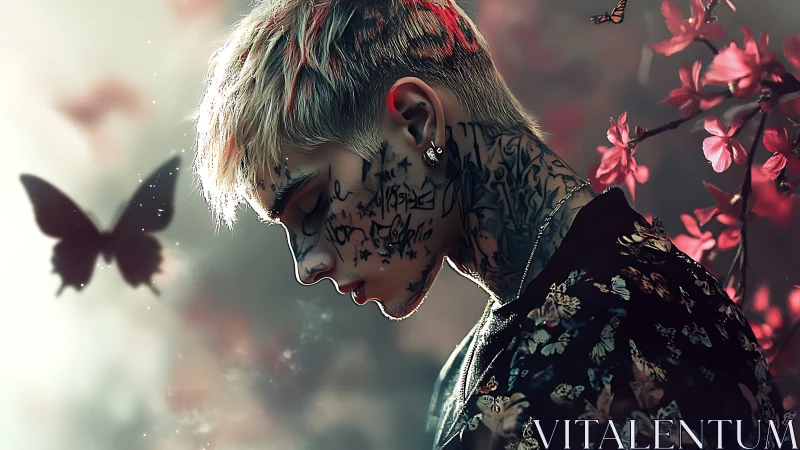 Tattooed youth in profile studies against ethereal butterfly bokeh