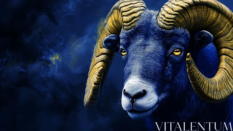 Midnight ram with golden horns in a stormy blue haze.