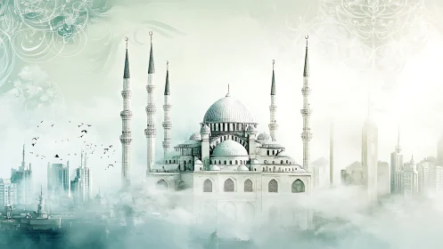 Skyline minarets drifting through mint-tinted dreamfog.