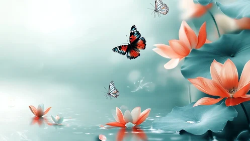 Butterflies above lotus flowers on calm reflective water surface.