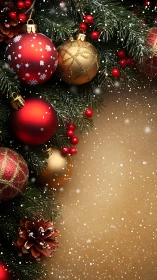 Christmas tree ornaments with snow against golden background.