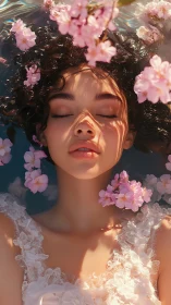 Young woman floating in water with pink cherry blossoms.