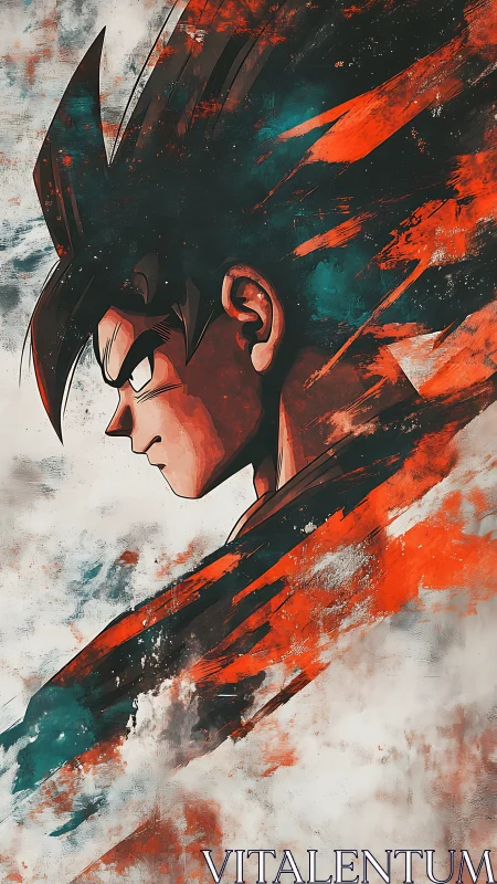 Anime warrior profile amid abstract red storm clouds.