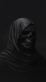 Hooded obsidian skull portrait in cinematic low key lighting.