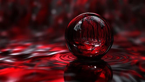 Reflective glass sphere encapsulates red forest on liquid surface