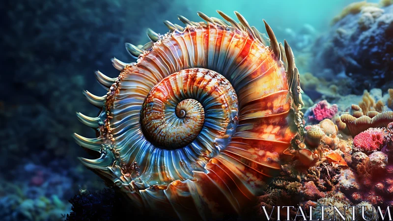 Colorful spiral seashell on vivid coral reef seafloor.