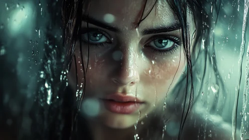 Rain-kissed gaze and quiet strength behind misted glass.