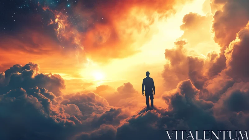 Cloud-walking dreamer greets a blazing cosmic sunrise