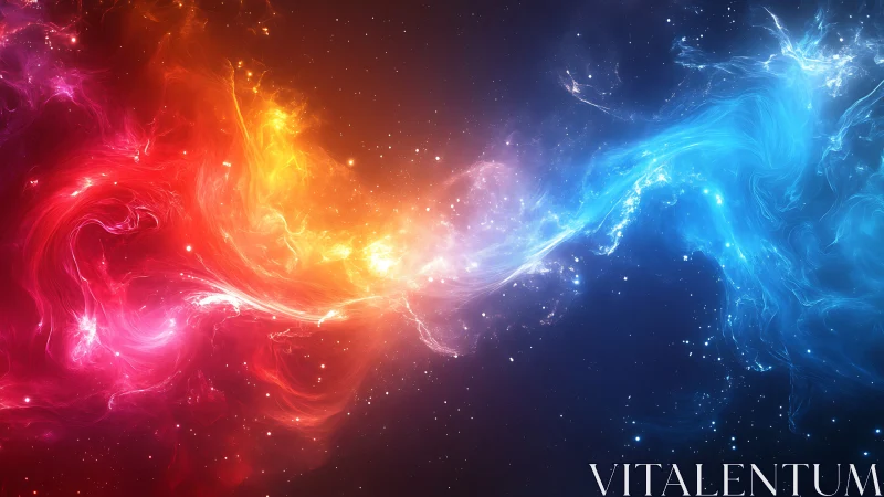 Cosmic red and blue nebulae colliding in luminous arc.