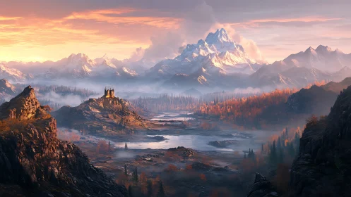 Fantasy mountain stronghold above misty autumn valley.