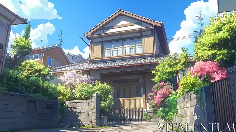 Anime-rendered suburban Japanese house with lush garden framing.