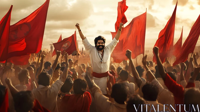 Photorealistic mass rally with central triumphant leader composition.