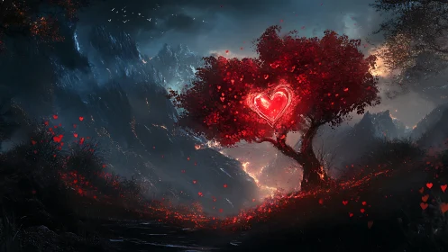 Luminous Heart Symbol in Mountainous Landscape.