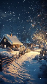 Snow covered cabin and village lane under winter night sky