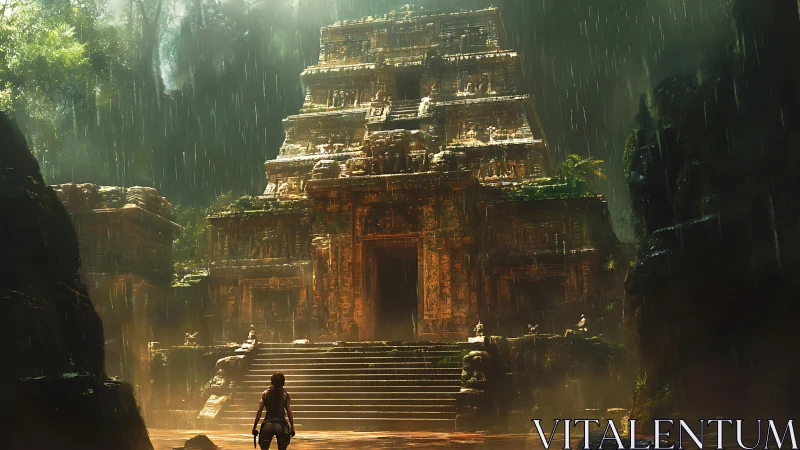 Rain-soaked jungle temple welcoming a lone explorer home.