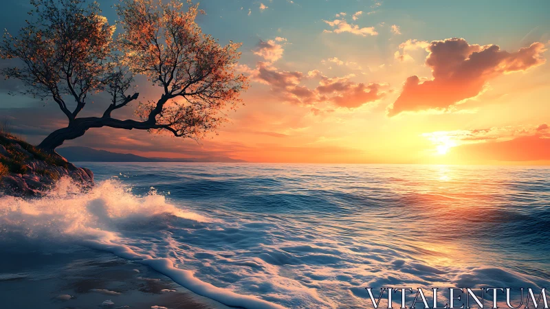 Sunset-swept shoreline tree leaning into molten wavescape.