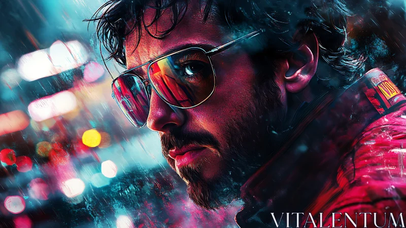 Neon soaked city lights glow around a reflective gaze at night